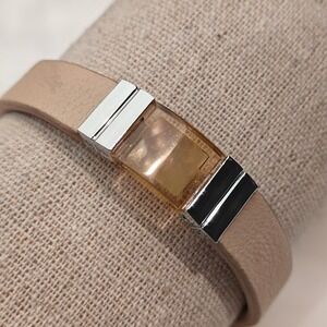 Anne Klein‎ Tan Genuine Leather Bracelet Silver Resin Iridescent Square Stone
